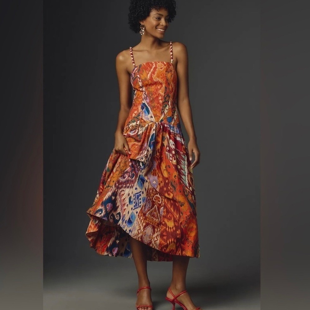 NWT Farm Rio Women's Medium Midi Dress Orange Ikat Print Beaded Straps Anthro
